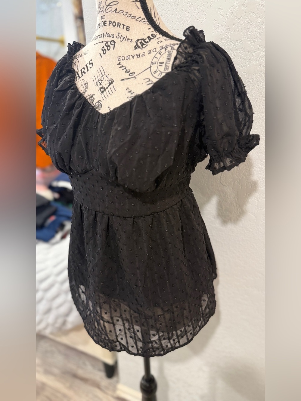 Maacie Black Swiss Dot Maternity Milkmaid Top Short Puff Sleeve Lined Medium M - Picture 3 of 9